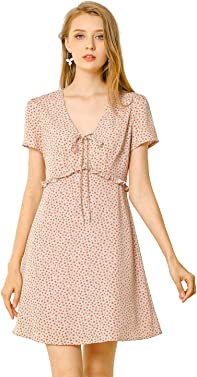 Allegra K Women's Floral Ruffle Trim Tie Front Dresses Short Sleeve Summer Flowy Dress