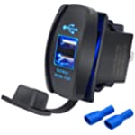 TWTADE Waterproof 4.2A DC 12/24V Dual USB Universal Car Charger Socket USB Rocker Switch Blue LED for Boat,RV,UTV,ATV etc.H-009