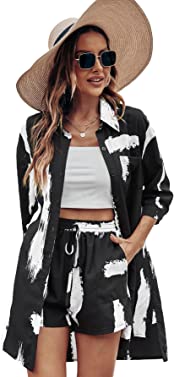 MakeMeChic Women's Casual 2 Piece Outfits Long Sleeve Button Down Shirt and Shorts Set