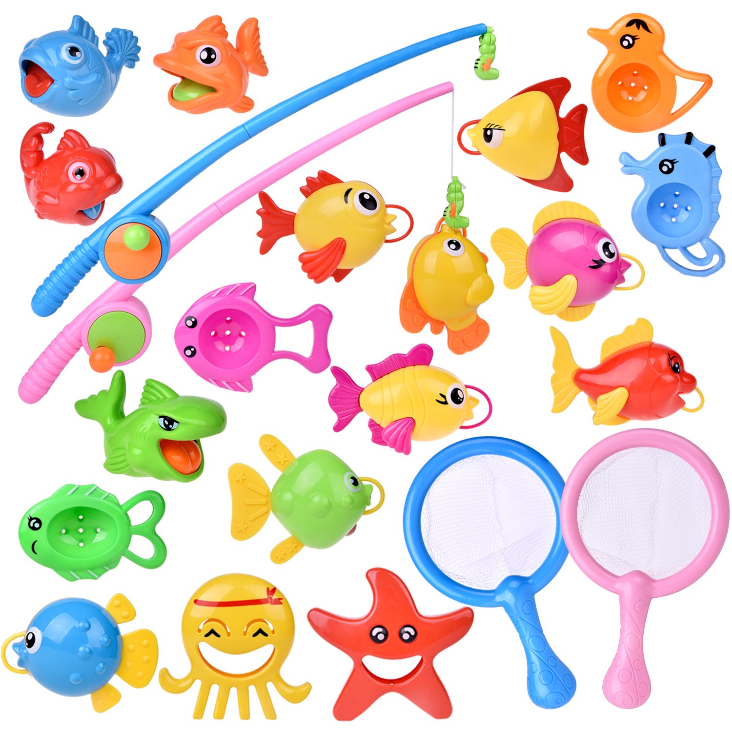 FUN LITTLE TOYS 22 PCs Bath Toys for Toddlers, Outdoor Toys Fishing Game Playset with Fishing Rod Fishing Net, Water Toys Pool Toys for Easter Gifts