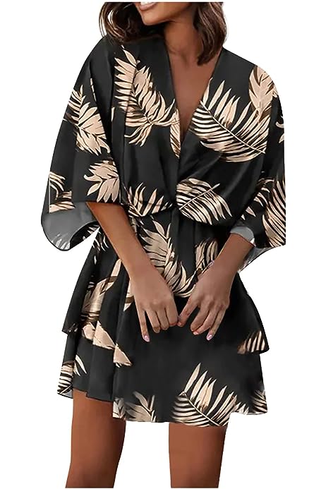 Women's Sport Dress V-Neck Loose Batwing Sleeve Elastic Waist Printed Dress Mini Plus Size Summer Dresses