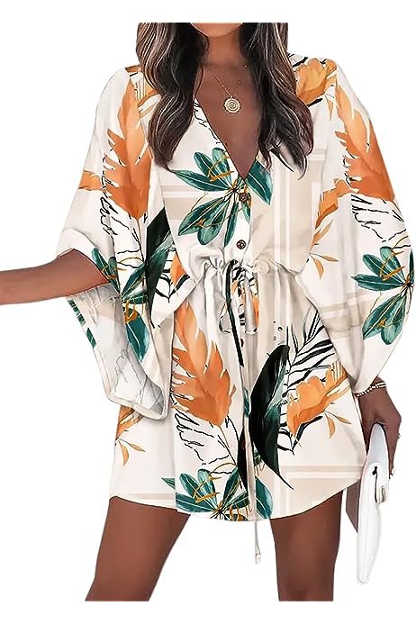 Women's Floral Print V Neck Batwing Sleeve Drawstring Loose Beach Mini Dress