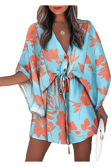 Women's Floral Print Batwing Sleeve Mini Dress Blue Small