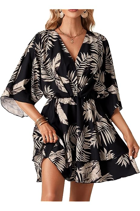 Women's Floral Wrap V Neck Batwing Half Sleeve Ruffle Hem A Line Mini Dress