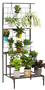 Metal 3-Tier Hanging Plant Stand Planter Shelves Flower Pot Organizer Rack with Grid Panel