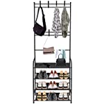 Entryway Coat Rack, Hall Tree with 4-tier Storage Shelf and 8 removable Hooks Easy Assemble Coat Shoe Rack Composed of Quality Alloy Tubes and Non-Woven Fabric(Black)