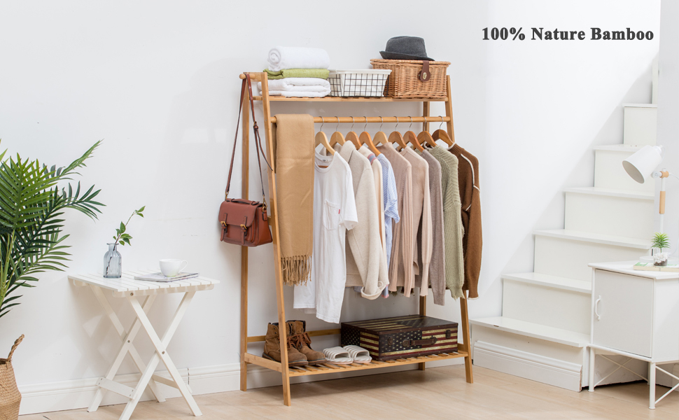 Bamboo Clothes Hanging Rack with top Shelf and Shoe Clothing Storage Organizer Shelves