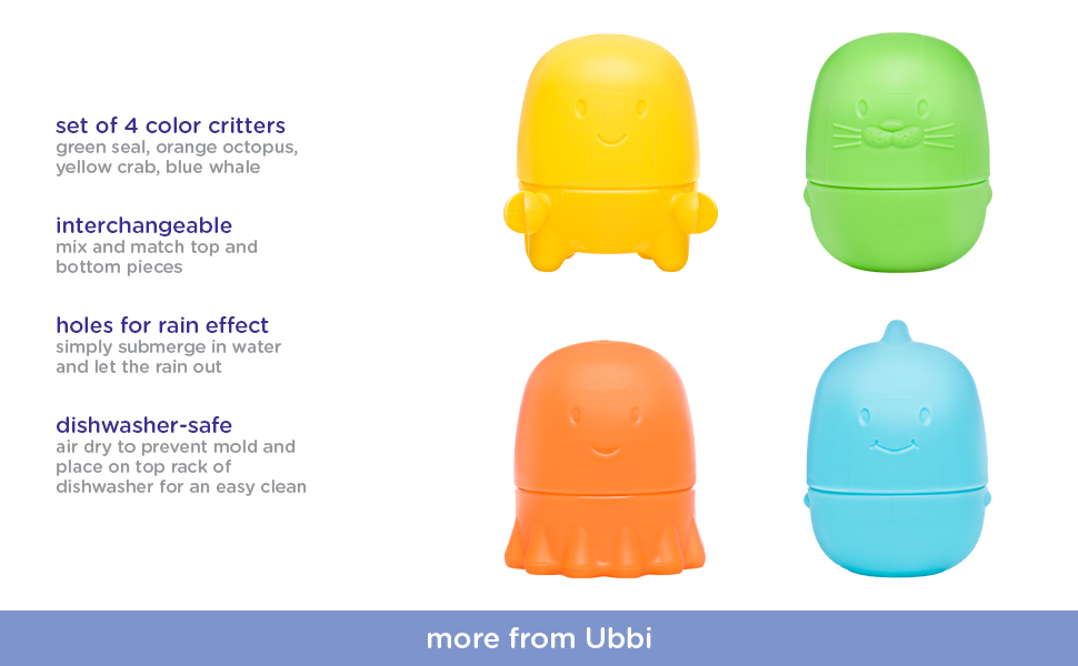 Ubbi interchangeable bath toy features listed to the left with image of product to the right