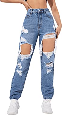 SweatyRocks Women's Ripped Straight Leg Jeans High Waist Distressed Cutout Denim Pants