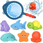 Dudujoy Bath Toys Fish Games Pool Toys with Fish Net Color Change Squirt Fishes Bath Toys for Toddlers 1-3 Floating Water Toys Bath Time Bathtub Toy for Toddlers Baby Kids Infant Girls Boys