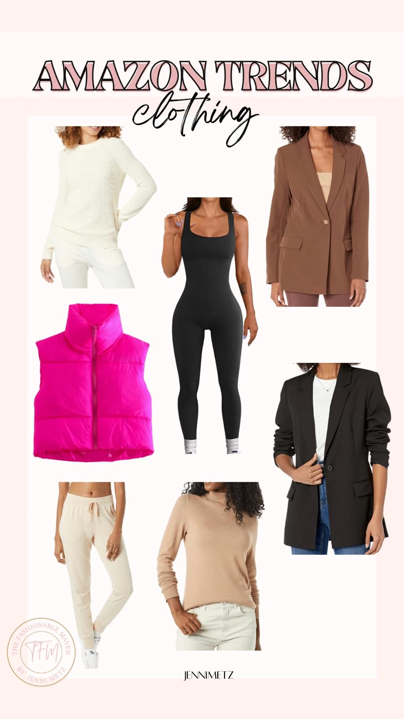Fall outfits. Women’s Sweater. Blazer. Joggers. Amazon onesie. Mini puffer vest. #founditonamazon
