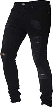 Men's Ripped Jeans Destroyed Slim Fit Moto Biker Denim Pants Tapered Leg Stretch Jean Trousers with Holes (Black,32)