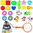 Lamzu 21 PCS Swimming Pool Toys,Diving Toys with Storage Bag Includes Fishing Net, Fish , Diving Gems , Diving Shell and Puffer Fish,Summer Fun Party Underwater Swimming Pool Toys for Kids