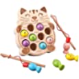 Enlitoys Wooden Fishing Game Montessori Toys for Toddlers Magnetic Cat-Shape Fishing Toy Fine Motor Skill Learning with Fishing Pole Fishes Preschool Gifts for Kids Children