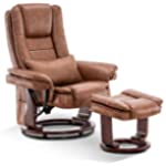 Mcombo Recliner with Ottoman Chair Accent Recliner Chair with Vibration Massage, Removable Lumbar Pillow, 360 Degree Swivel Wood Base, Faux Leather 9096 (Saddle)