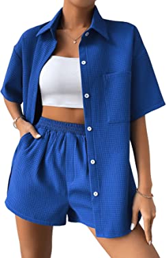 SweatyRocks Women's 2 Piece Outfits Half Sleeve Drop Shoulder Button Front Blouse and Straight Leg Shorts Set
