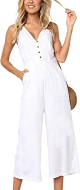 ECOWISH Women's Summer Jumpsuits 2023 Casual Button V Neck High Waist Wide Leg Jumpsuit Rompers One Piece Outfits
