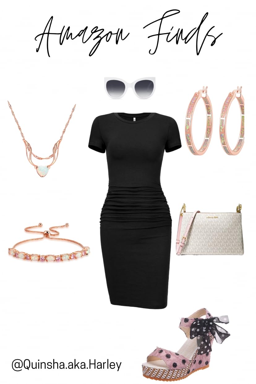 Black spring outfit idea with a pop of color. Everyone knows pink and black go hand in hand. Enjoy this little black dress with a pop of pink for quick errand run to date nights. Pink heels/wedges, rose gold necklace, rose gold earrings, rose gold bracelet,  white oversized shade