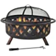 Sunnydaze Black Crossweave Large Outdoor Fire Pit - 36-Inch Heavy-Duty Wood-Burning Fire Pit with Spark Screen for Patio &amp; Backyard Bonfires - Includes Poker &amp; Round Fire Pit Cover