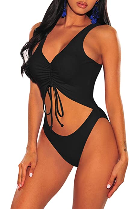 Womens V Neck One Piece Bathing Suit Tie Ruched Cut Out Swimwear High Cut Monokini