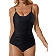 RXRXCOCO Women Scoop Neck One Piece Swimsuit for Women Tummy Control Ruched Bathing Suit for Women Swimwear Large Black