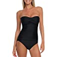 RELLECIGA Women&#39;s Black Ruched Neck Halter Twist Bandeau One Piece Swimwear Bathing Suits Size Large
