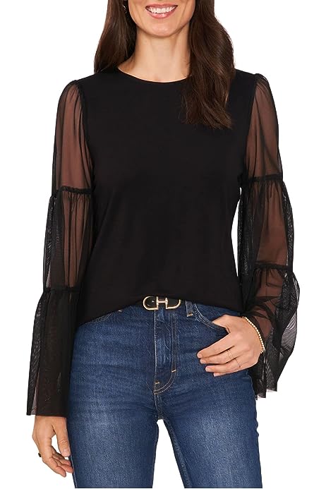 Women's Mesh Bell-Sleeve Top (L, Black)