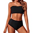 Yonique Women&#39;s Two Piece Swimsuits Bandeau Bikini Set Smocked Off Shoulder Bathing Suit with High Waisted Bottoms Solid Black S