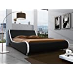 SHA CERLIN Full Size Platform Bed, Faux Leather Low Profile Sleigh Bed Frame with Adjustable Headboard, Wood Slat Support, Black &amp; White