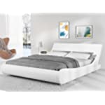 King Bed Frame, Modern Faux Leather Platform Bed Upholstered Low Profile Sleigh Beds with Adjustable Headboard
