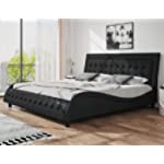 SHA CERLIN King Size Button Tufted Platform Bed Frame / Faux Leather Upholstered Bed Frame with Adjustable Headboard / Wood Slat Support / Wave-Like Modern Bed Frame / Low Profile / Black