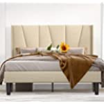 SHA CERLIN Full Bed Frame, Upholstered Platform Bed with Geometric Headboard and Wingback, Wood Slat Support, No Box Spring Needed,Beige
