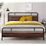 SHA CERLIN Heavy Duty King Bed Frames with Modern Wood Headboard, Metal Platform Bed with Frosted Iron Frame, 12&quot; Under Bed Storage, Noise Free, No Box Spring Needed, Dark Brown