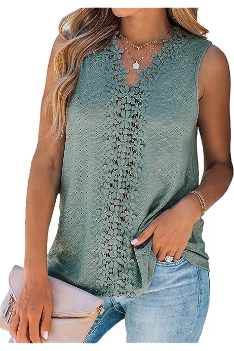 Women Floral Lace Sleeveless Top V-Neck Blouse