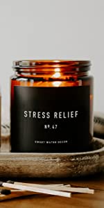 stress relief soy candle, relaxing non-toxic candle, safety matches, made in USA candle