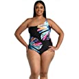 La Blanca Womens Shoulder Cut Out One Piece Swimsuit, Black Prism Palm, 18 Plus