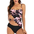 Santulu 2 Piece Floral Print Tummy Control Tankini Swimsuits - Front Twist Ruched Tankini Top Plus Size Bathing Suits Pink Black Flowers M