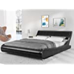 King Bed Frame, Modern Faux Leather Platform Bed Upholstered Low Profile Sleigh Beds with Adjustable Headboard