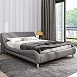 Faux Leather Upholstered Platform Bed Frame with Curved Headboard, Low Profile Sleigh Bed, Wooden Slats Support, No Box Spring Needed, Grey, King Size