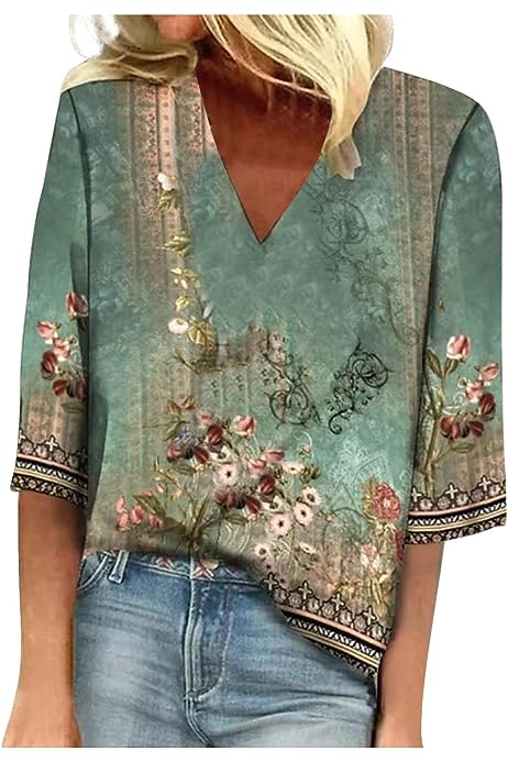 Summer Tops for Women 2023 Trendy Boho Floral Print Tshirt 3/4 Sleeve v Neck Dressy Casual Loose Blouses