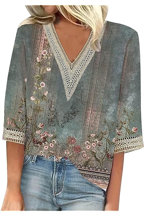 Summer Tops for Women 2023 Trendy 3/4 Sleeve Casual Shirts Boho Floral Print Lace V Neck Loose Fit Blouses