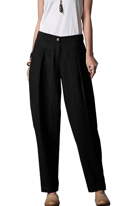 Women's Casual Linen Pants Elastic Waist Tapered Pants Trousers with Pockets