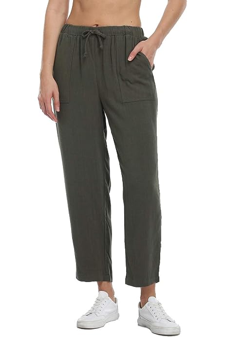 Women's Crop Linen Pants Loose Fit Drawstring Elastic Waist Cropped Lounge Pants