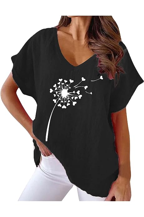 Women V-Neck Loose Short Sleeve Tee Shirt Cute Flower Graphic Print Blouses Top Casual Fashion Comfy Blouse Shirts