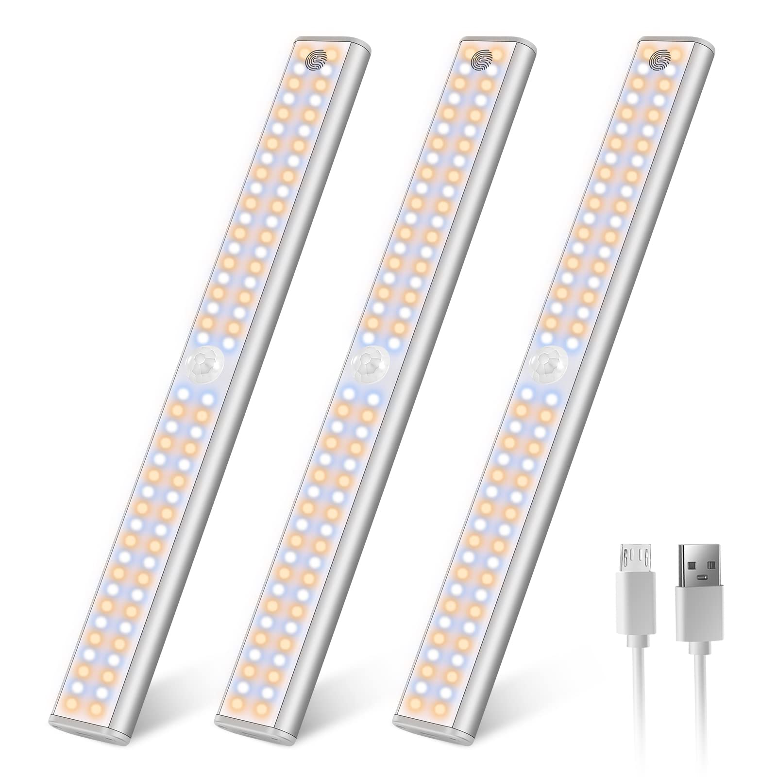 Wireless Under Cabinet Lights Motion Sensor Light Indoor, 80 LED Dimmable Closet Lights Rechargeable Under Cabinet Lighting, Magnetic Stick-on Light Under Counter Lights for Kitchen, Wardrobe, 3-Pack