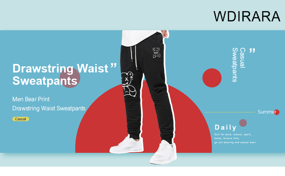 Men''s Cartoon Bear Print Drawstring Waist Sweatpants with Pocket
