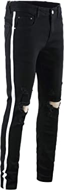 FEESON Men's Casual Distressed Ripped Jeans Skinny Stretchy Side Color Ribbon Pants