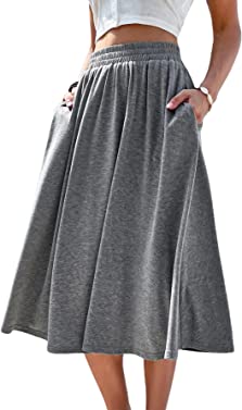 Verdusa Women's Elastic Waist Pocket Side A Line Midi Swing Flared Skirt