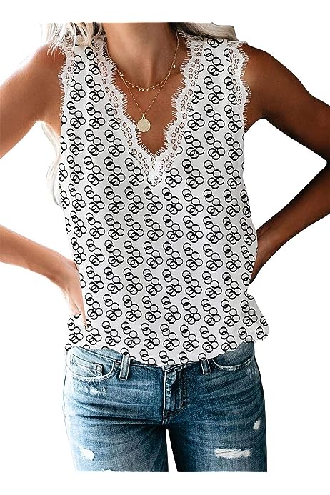 Women Ladies Sexy V Neck Lace Trim Tank Tops Dressy Camisole Casual Loose Sleeveless Chiffon Blouse Shirts