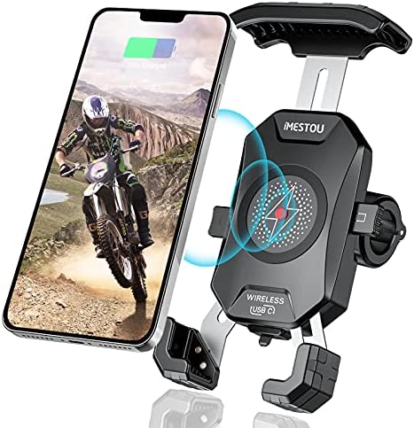 Motorcycle Wireless Phone Charger Mount-iMESTOU Motorcycle USB C 3.0 Phone Holder Qi 15W by Wiring/Plugging to USB A Socket Aluminium Handlebar Base Waterproof for 4-7" Cellphones